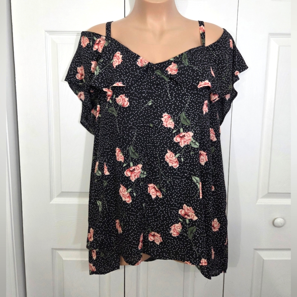 Torrid Black, Pink & White Rose Polka Dot Smocked Back Off The Shoulder Blouse